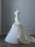 Ndyad Strapless Mermaid Wedding Dresses, Tulle Satin Tender Sleeveless Bridal Gowns HZ1024