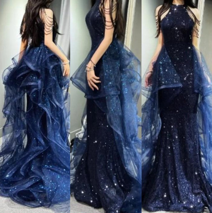 Ndyad A-Line Halter Sparkly Sequins Long Prom Dresses Navy Blue Evening Dresses HZ1024