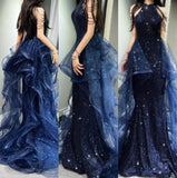 Ndyad A-Line Halter Sparkly Sequins Long Prom Dresses Navy Blue Evening Dresses HZ1024