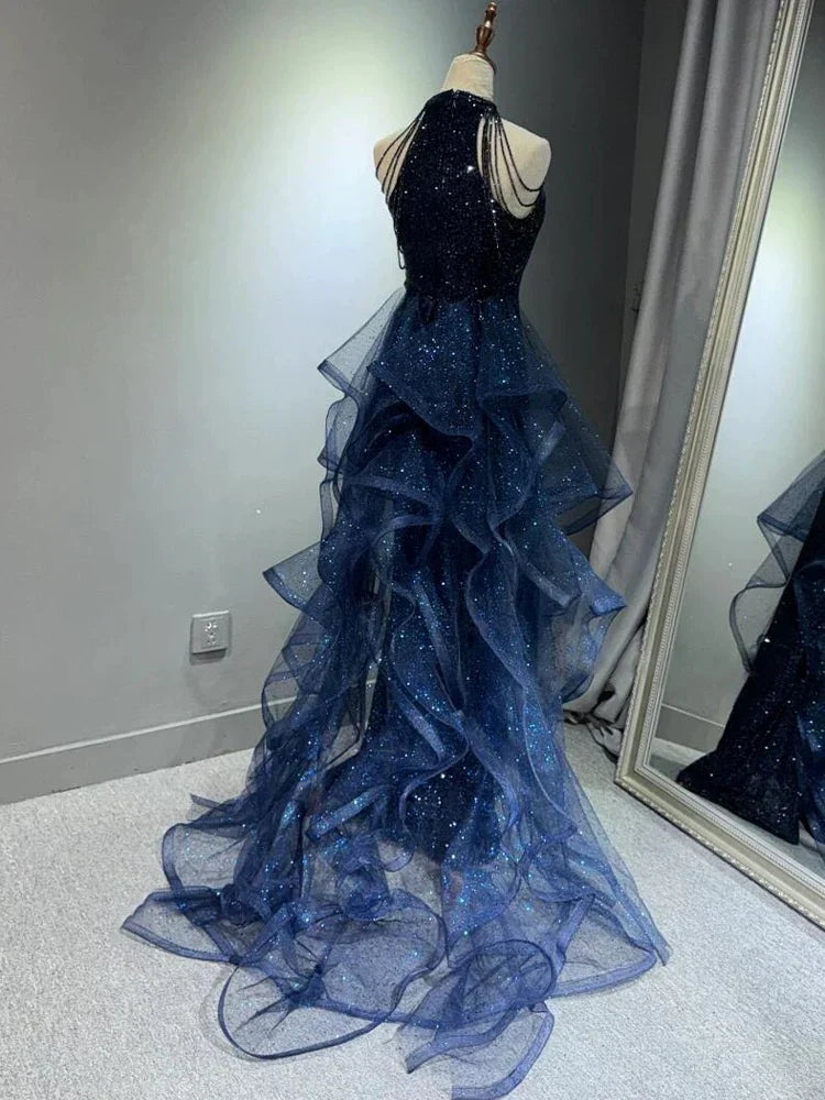 Ndyad A-Line Halter Sparkly Sequins Long Prom Dresses Navy Blue Evening Dresses HZ1024