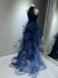 Ndyad A-Line Halter Sparkly Sequins Long Prom Dresses Navy Blue Evening Dresses HZ1024