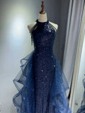 Ndyad A-Line Halter Sparkly Sequins Long Prom Dresses Navy Blue Evening Dresses HZ1024