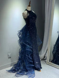 Ndyad A-Line Halter Sparkly Sequins Long Prom Dresses Navy Blue Evening Dresses HZ1024
