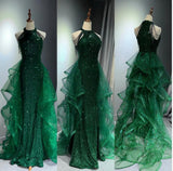 Ndyad A-Line Halter Sparkly Sequins Long Prom Dresses Navy Blue Evening Dresses HZ1024