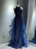 Ndyad A-Line Halter Sparkly Sequins Long Prom Dresses Navy Blue Evening Dresses HZ1024