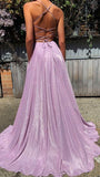 Ndyad A-Line Pink Sequin Prom Dresses V Neck Evening Dress HZ1024