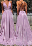 Ndyad A-Line Pink Sequin Prom Dresses V Neck Evening Dress HZ1024