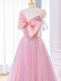 Ndyad A-line Pink Tulle Long Prom Dress with Bow, Pink Formal Dresses HZ1024