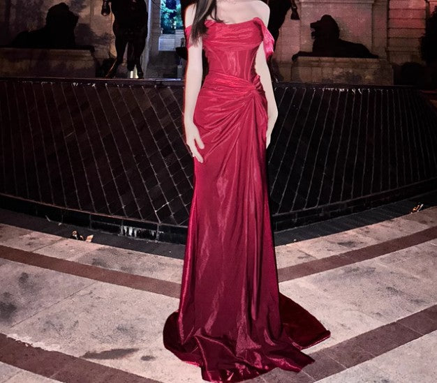 Ndyad Pleated Satin Formal Mermaid Evening Dress,Fahsion Graudation Prom Dresses with Off-the-Shoulder HZ1024