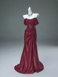 Ndyad Pleated Satin Formal Mermaid Evening Dress,Fahsion Graudation Prom Dresses with Off-the-Shoulder HZ1024
