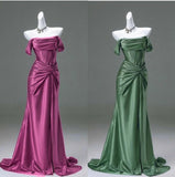 Ndyad Pleated Satin Formal Mermaid Evening Dress,Fahsion Graudation Prom Dresses with Off-the-Shoulder HZ1024