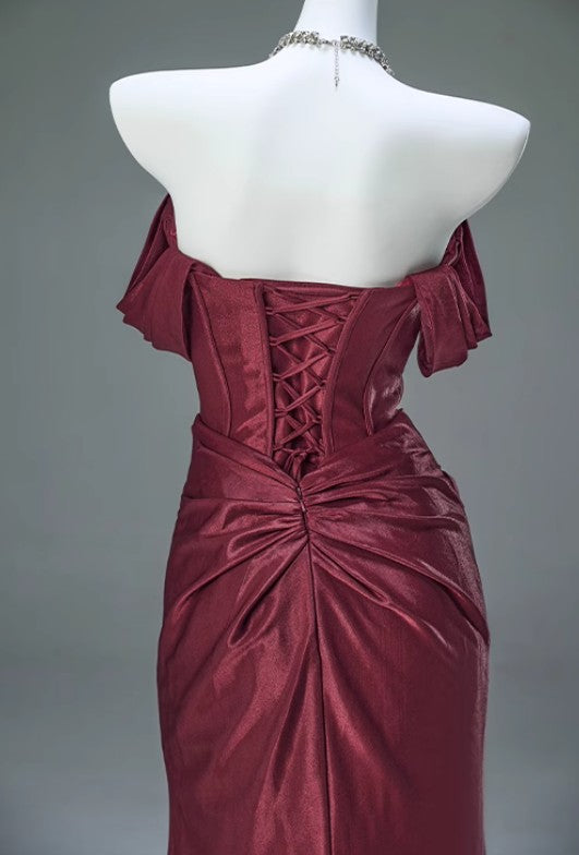 Ndyad Pleated Satin Formal Mermaid Evening Dress,Fahsion Graudation Prom Dresses with Off-the-Shoulder HZ1024