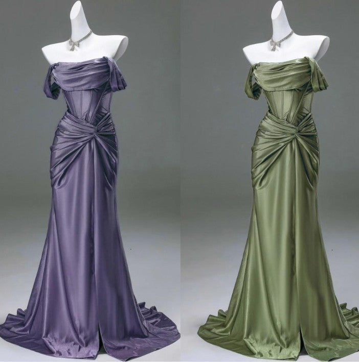 Ndyad Pleated Satin Formal Mermaid Evening Dress,Fahsion Graudation Prom Dresses with Off-the-Shoulder HZ1024