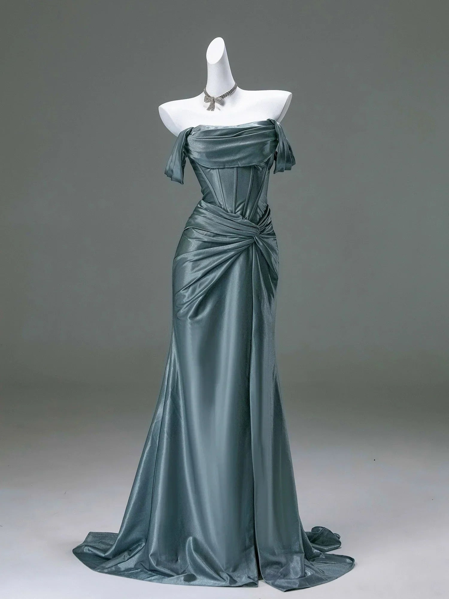 Ndyad Pleated Satin Formal Mermaid Evening Dress,Fahsion Graudation Prom Dresses with Off-the-Shoulder HZ1024