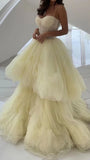 Ndyad Yellow A-Line Tulle Prom Dress, Spaghetti Straps Evening Dress HZ1024