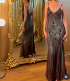 Ndyad Evening Dresses ?? Blue Satin Spaghetti Straps Coffee Chiffon Long Prom Dresses with Beading HZ1024