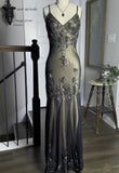 Ndyad Evening Dresses ?? Blue Satin Spaghetti Straps Coffee Chiffon Long Prom Dresses with Beading HZ1024