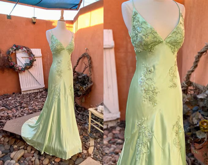 Ndyad A-Line Evening Dress Satin Spaghetti Straps Green Vintage Backless Long Prom Dresses HZ1024