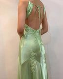Ndyad A-Line Evening Dress Satin Spaghetti Straps Green Vintage Backless Long Prom Dresses HZ1024