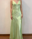 Ndyad A-Line Evening Dress Satin Spaghetti Straps Green Vintage Backless Long Prom Dresses HZ1024