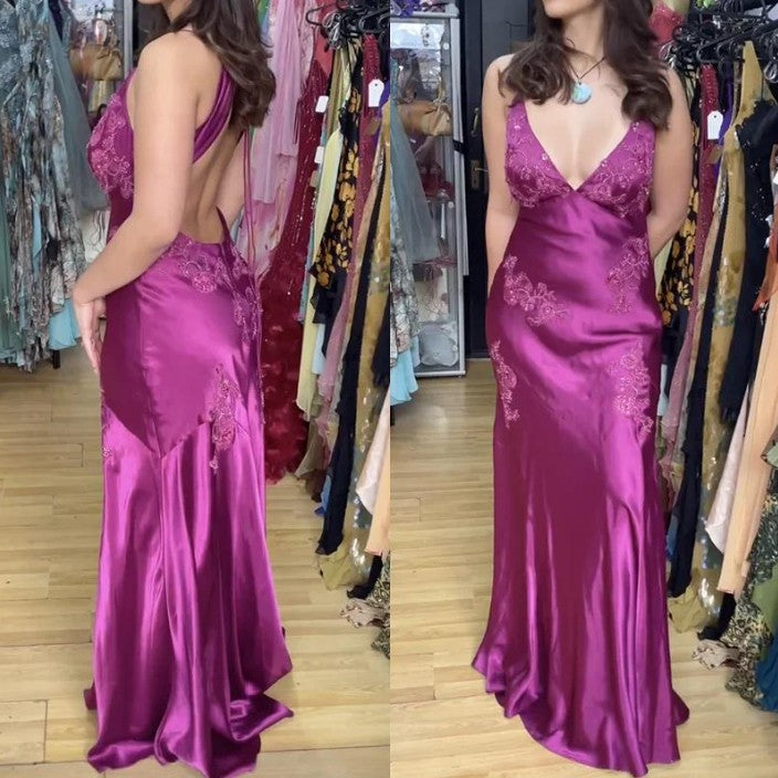 Ndyad A-Line Evening Dress Satin Spaghetti Straps Green Vintage Backless Long Prom Dresses HZ1024