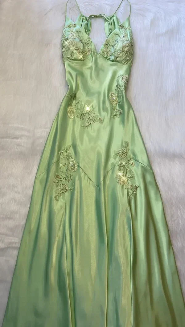 Ndyad A-Line Evening Dress Satin Spaghetti Straps Green Vintage Backless Long Prom Dresses HZ1024
