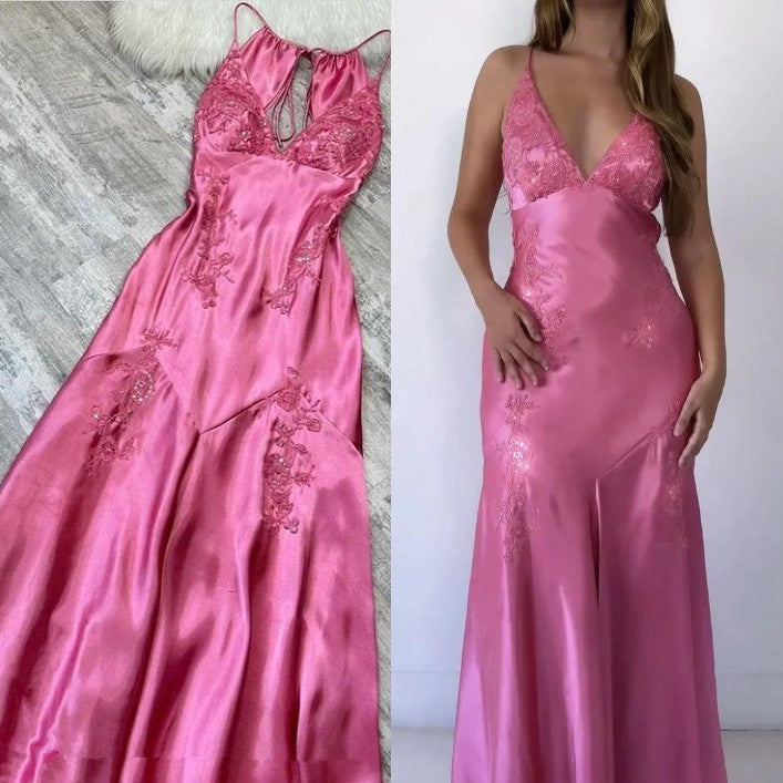 Ndyad A-Line Evening Dress Satin Spaghetti Straps Green Vintage Backless Long Prom Dresses HZ1024