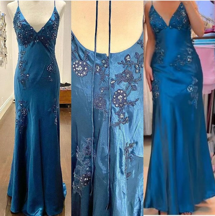 Ndyad A-Line Evening Dress Satin Spaghetti Straps Green Vintage Backless Long Prom Dresses HZ1024