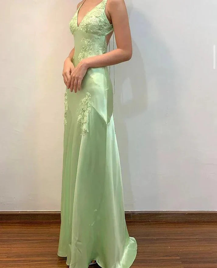 Ndyad A-Line Evening Dress Satin Spaghetti Straps Green Vintage Backless Long Prom Dresses HZ1024