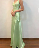 Ndyad A-Line Evening Dress Satin Spaghetti Straps Green Vintage Backless Long Prom Dresses HZ1024