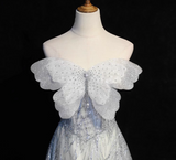 Ndyad Grey A-Line Tulle Sequin Long Prom Dress,Sweet Off-shoulder Evening Dress HZ1024