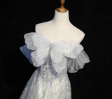Ndyad Grey A-Line Tulle Sequin Long Prom Dress,Sweet Off-shoulder Evening Dress HZ1024