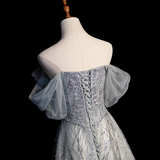 Ndyad Grey A-Line Tulle Sequin Long Prom Dress,Sweet Off-shoulder Evening Dress HZ1024