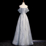 Ndyad Grey A-Line Tulle Sequin Long Prom Dress,Sweet Off-shoulder Evening Dress HZ1024