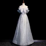 Ndyad Grey A-Line Tulle Sequin Long Prom Dress,Sweet Off-shoulder Evening Dress HZ1024