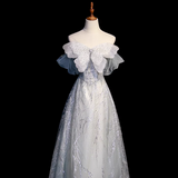 Ndyad Grey A-Line Tulle Sequin Long Prom Dress,Sweet Off-shoulder Evening Dress HZ1024
