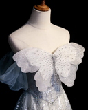 Ndyad Grey A-Line Tulle Sequin Long Prom Dress,Sweet Off-shoulder Evening Dress HZ1024