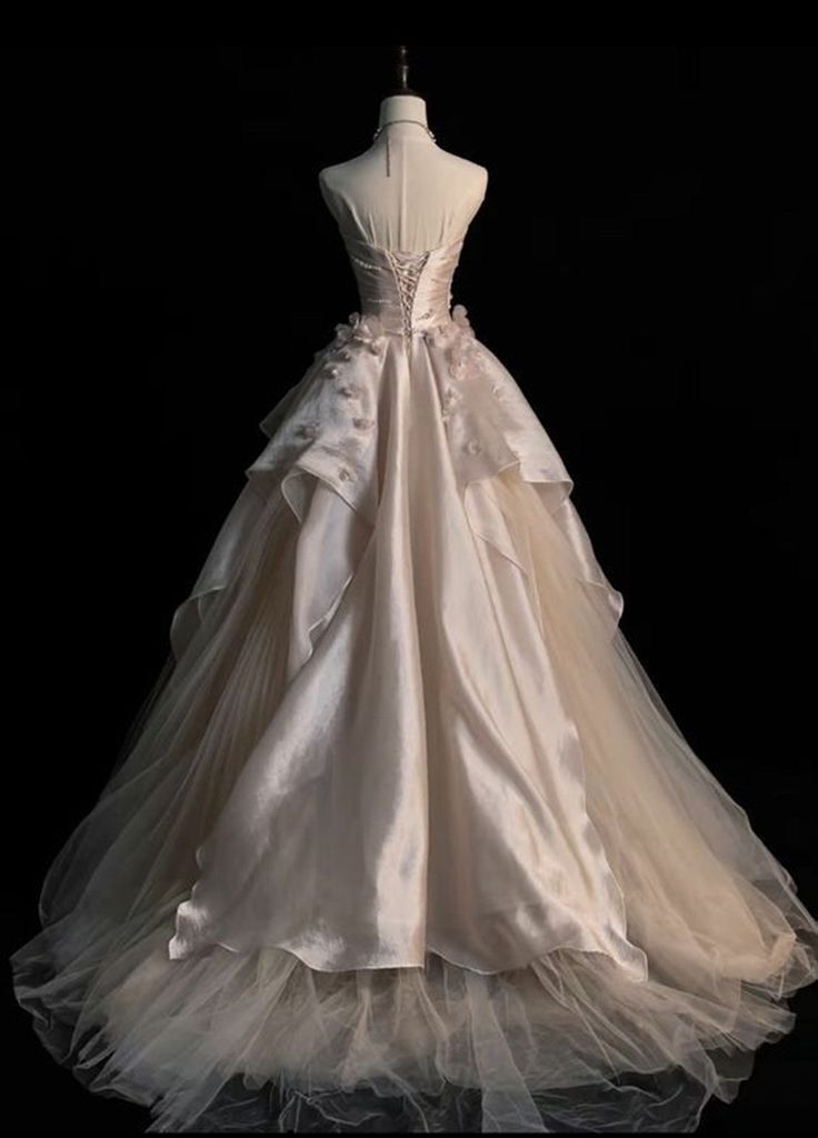 Ndyad Pink A-line Tulle Satin Long Prom Dresses Strapless Applique Wedding Dresses HZ1024
