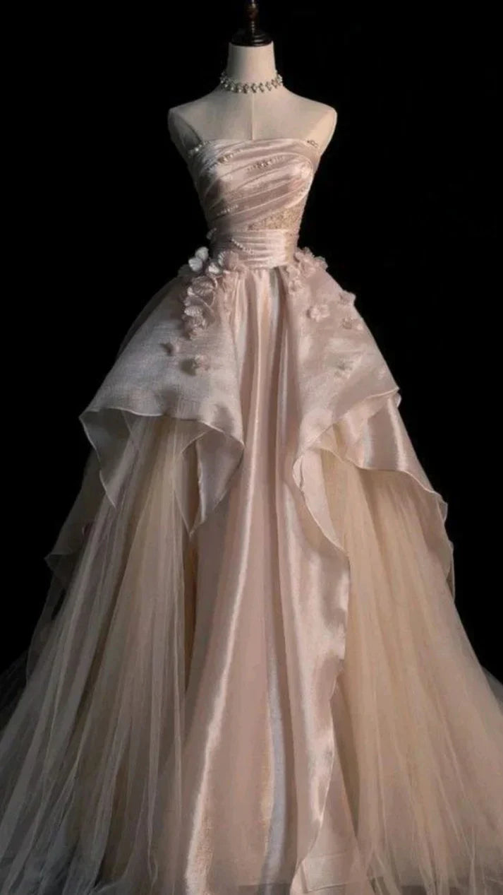 Ndyad Pink A-line Tulle Satin Long Prom Dresses Strapless Applique Wedding Dresses HZ1024