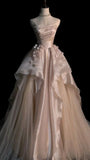 Ndyad Pink A-line Tulle Satin Long Prom Dresses Strapless Applique Wedding Dresses HZ1024