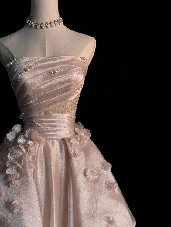Ndyad Pink A-line Tulle Satin Long Prom Dresses Strapless Applique Wedding Dresses HZ1024
