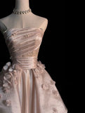 Ndyad Pink A-line Tulle Satin Long Prom Dresses Strapless Applique Wedding Dresses HZ1024