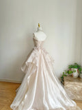 Ndyad Pink A-line Tulle Satin Long Prom Dresses Strapless Applique Wedding Dresses HZ1024