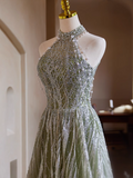 Ndyad A-line Halterneck Tulle Sequins Long Prom Dress, Beaded Evening Dress HZ1024