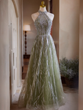 Ndyad A-line Halterneck Tulle Sequins Long Prom Dress, Beaded Evening Dress HZ1024