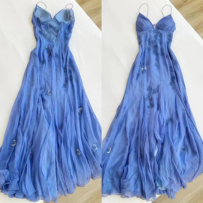 Ndyad Spaghetti Straps V-neck Beaded Backless Prom Dresses Party Dresses HZ1024