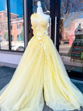 Ndyad Yellow A-line One Shoulder Tulle 3D Appliques Beading Long Prom Dress with Slit HZ1024