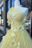 Ndyad Yellow A-line One Shoulder Tulle 3D Appliques Beading Long Prom Dress with Slit HZ1024