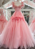 Ndyad A-Line Off the Shoulder Lace Tulle Long Prom Dress, Sweet 16 Dress HZ1024