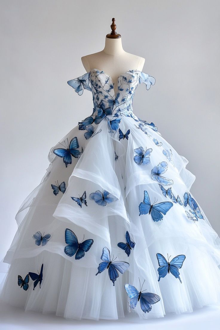 Ndyad A-Line Fairytale Tulle Long Prom Dress with 3D Butterfly??Off-the-shoulder Evening Gown for Birthday&Quinceanera HZ1024